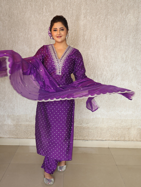 Purple Khari Printed and Floral Embroidered Kurta Set with Organza Dupatta